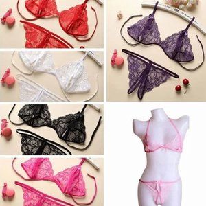 NEW Open Night G-String Panties Lingerie Set Frilly Sheer Transparent Crotchless